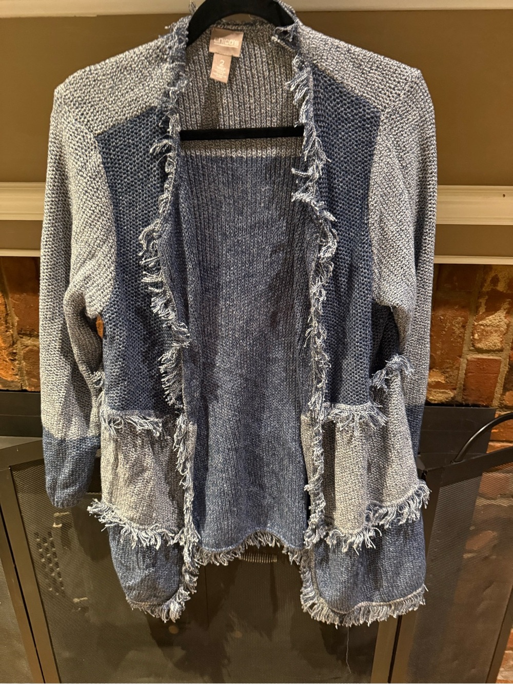 Chico's Blue & Gray Patchwork Fringe Open-Front Cardigan Knit Sweater - Size 2